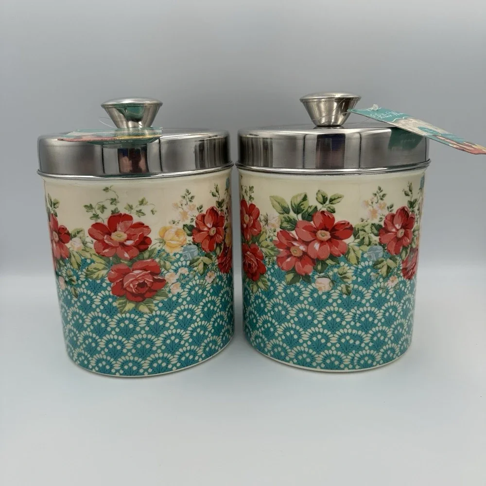 (2) Pioneer Woman Treat Jar Tin Floral Canister Set